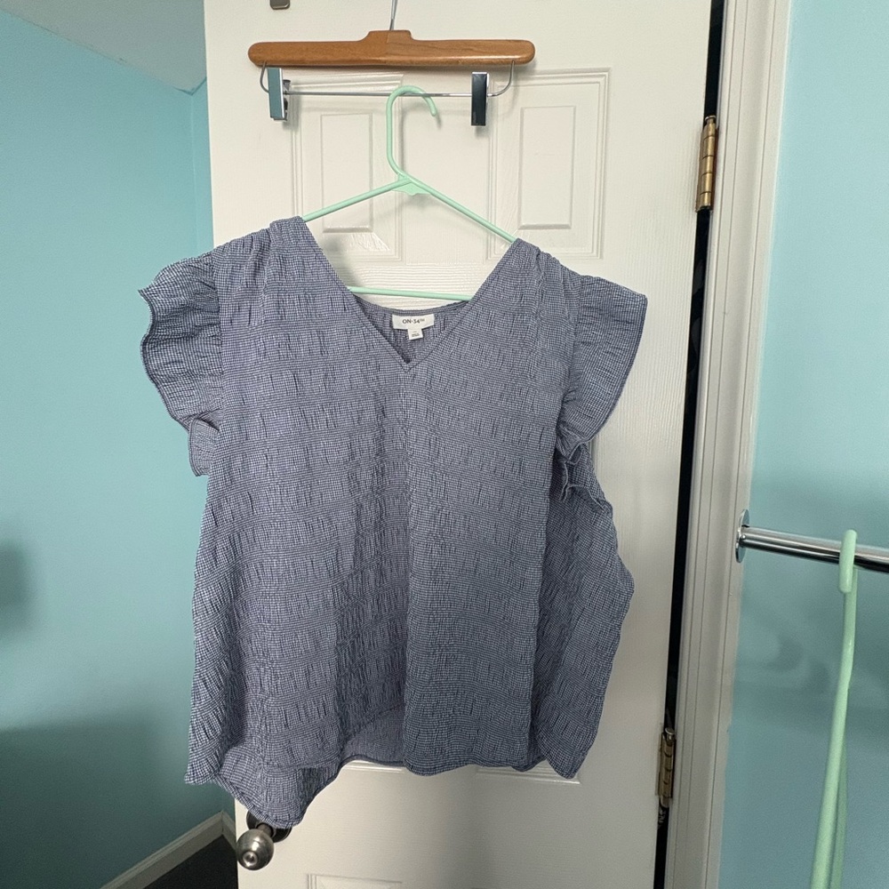 Chic Blue Textured Blouse with Ruffle Sleeves